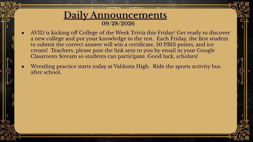 Daily Announcements 9/28/26