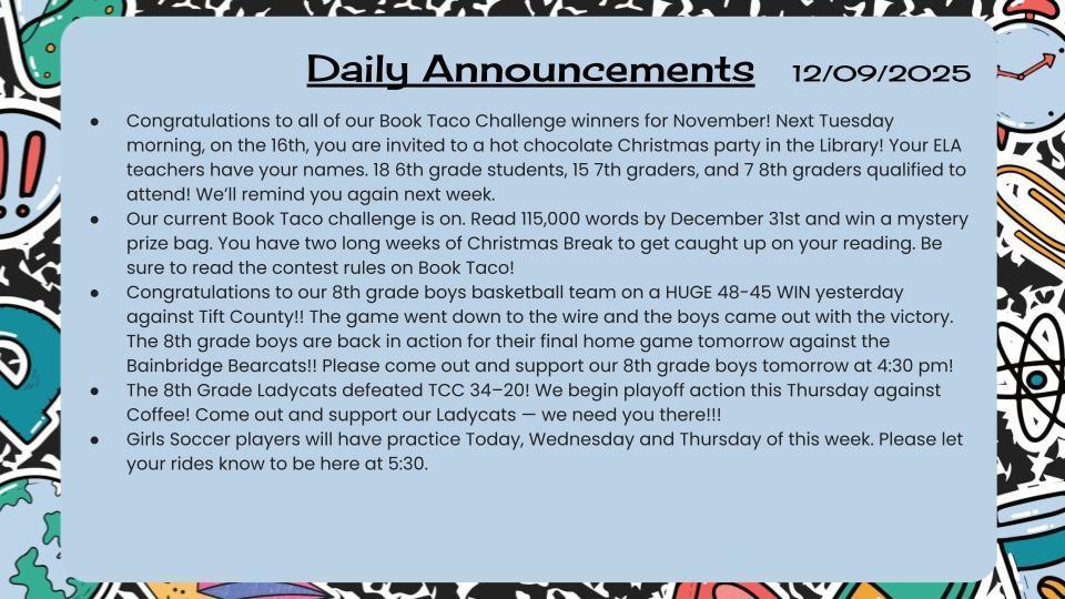 Daily Announcements 12/9/25