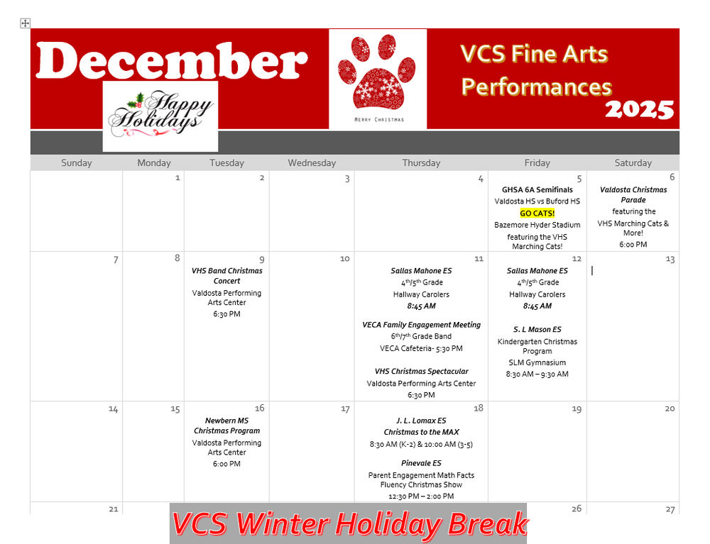 VCS Fine Arts Performances Calendar for the Month of December