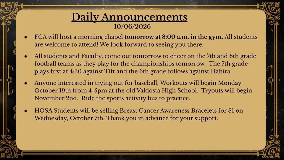 Daily Announcements 10/06/2026