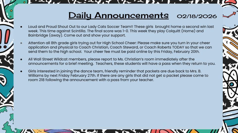 Daily Announcements 2/18/26