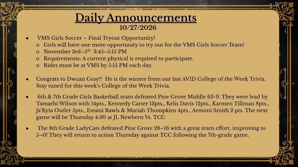 Daily Announcements 10/27/26