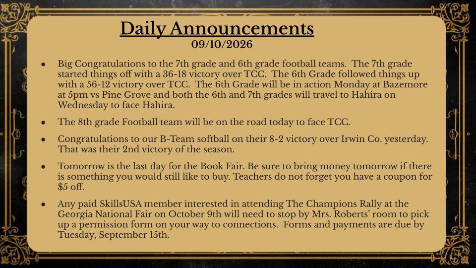 Daily Announcements 9/10/26