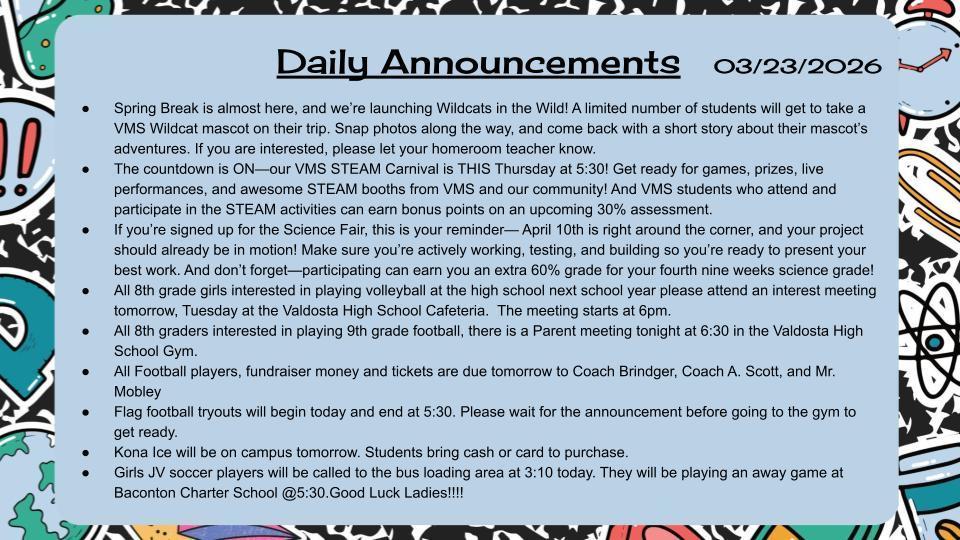 Daily Announcements 3/23/26