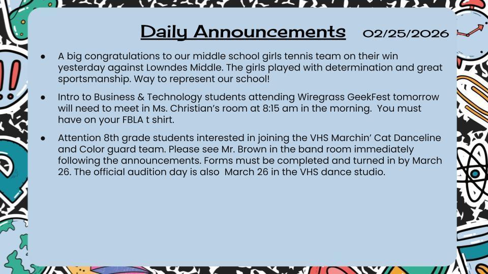 Daily Announcements 2/25/26