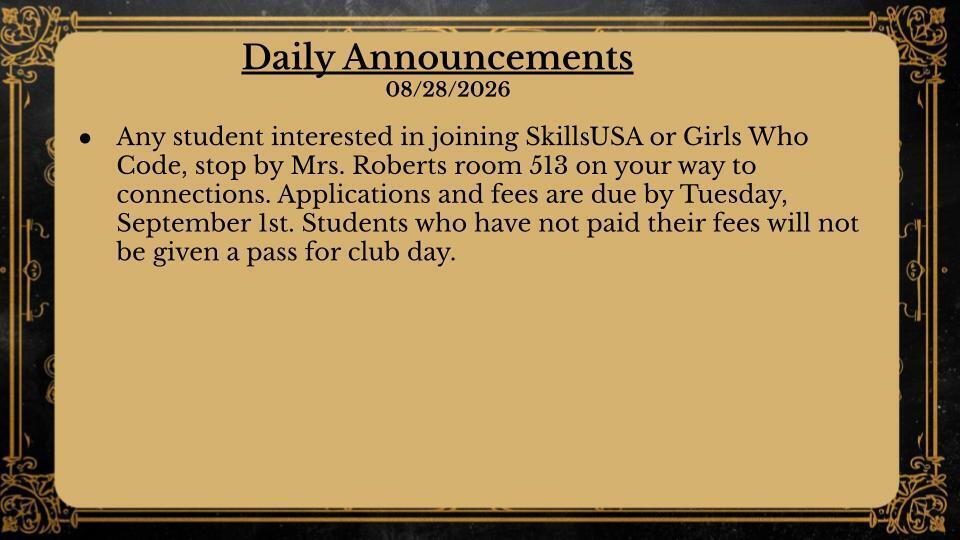 Daily Announcements 8/28/26
