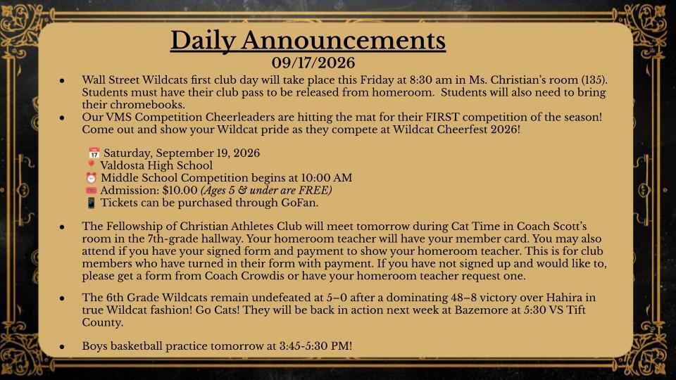 Daily Announcements 9/17/26