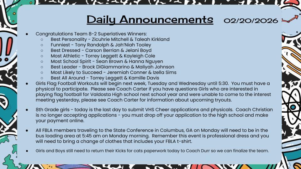 Daily Announcements 2/20/26