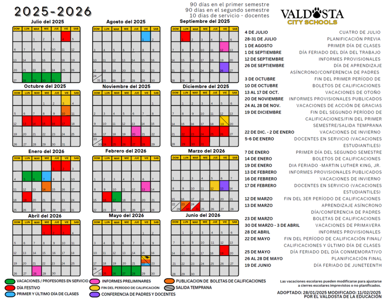 Spanish version of the academic calendar