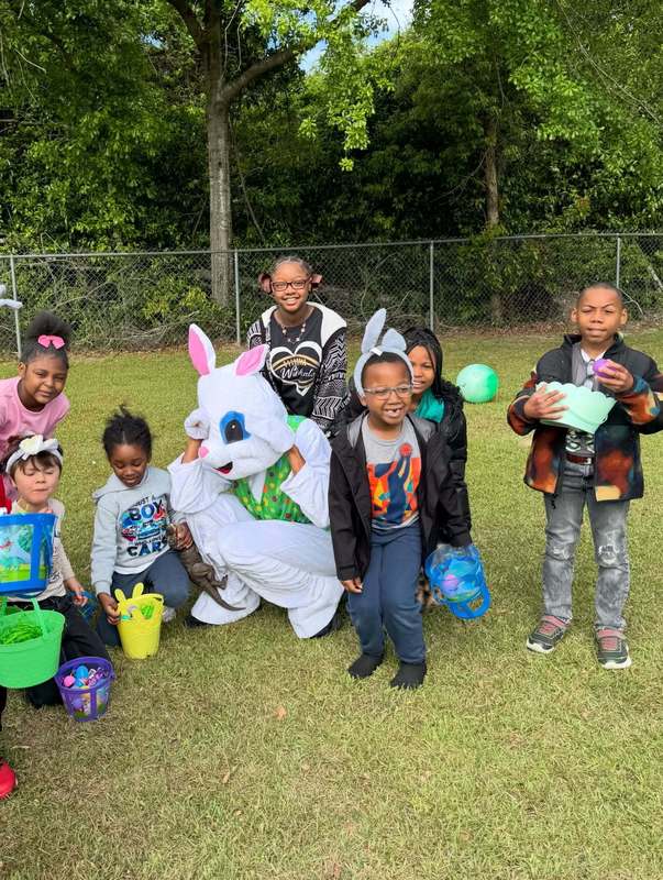 students with easter bunny