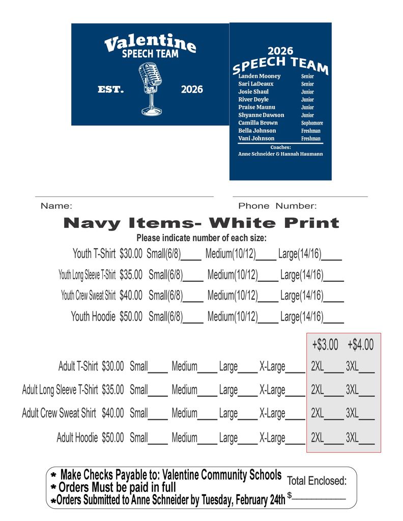 Valentine Speech Shirt Order Form