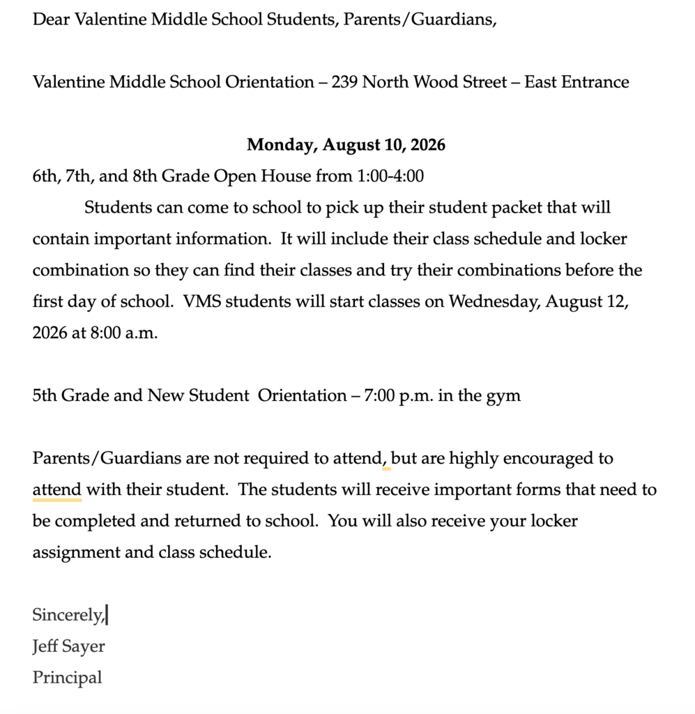 Orientation Letter