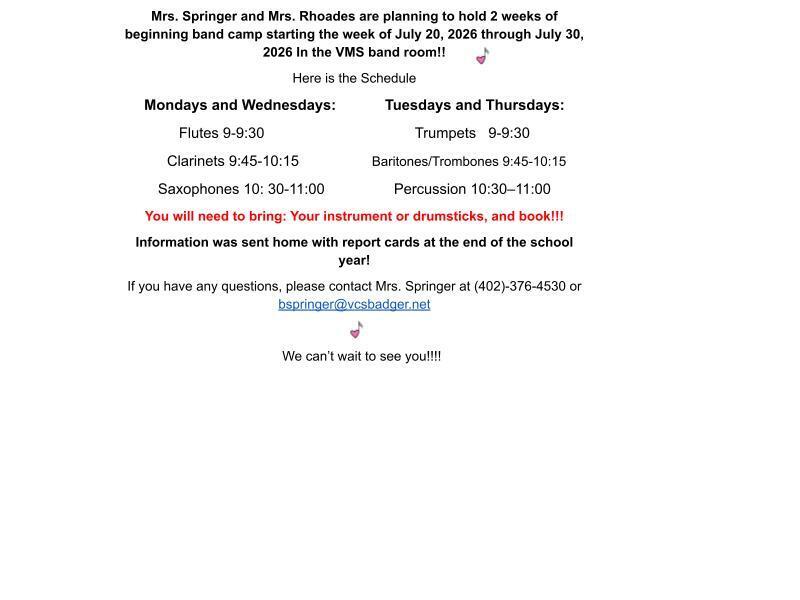 6th grade band schedule and reminder
