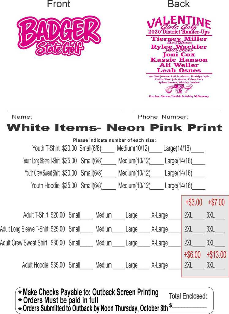 Badger Golf Shirt Order Form