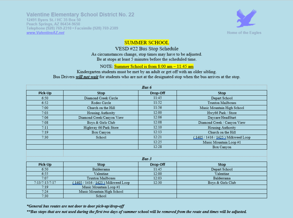 Summer School Bus Schedule