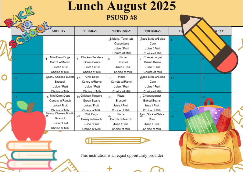 August 2025 Lunch Menu