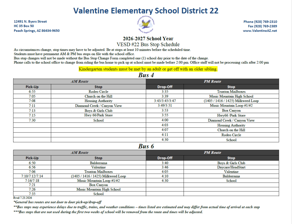 Bus Schedule 2026-2027