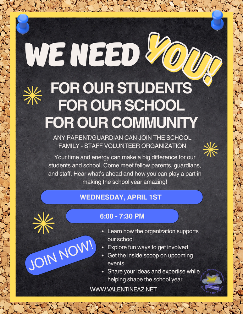 Family-Staff Volunteer Organization Meeting - Wednesday, April 1st at 6:30 pm
