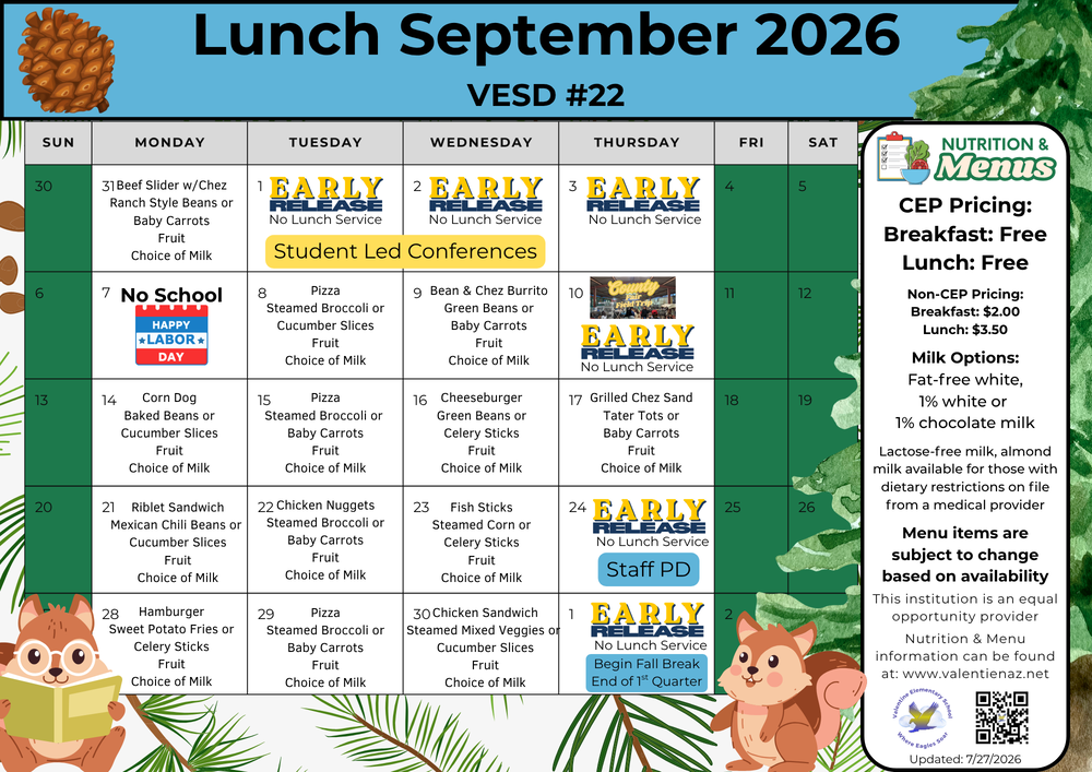 September 2026 Lunch Menu