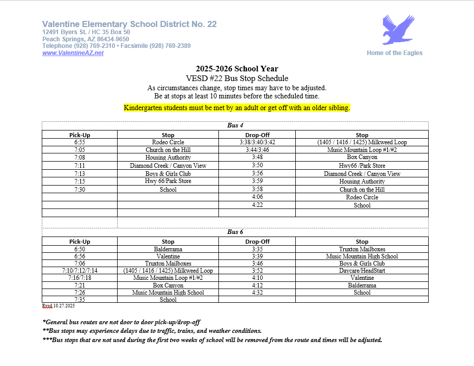 VESD Updated Bus Schedule 2025-2026