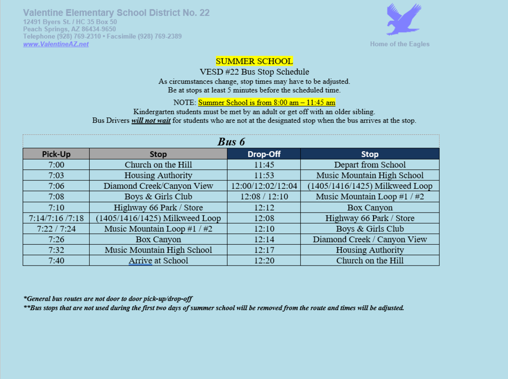Summer School Bus Schedule - July 2026