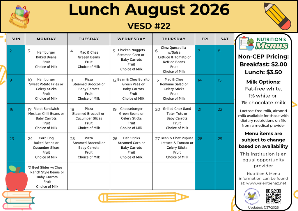 August 2026 Lunch Menu