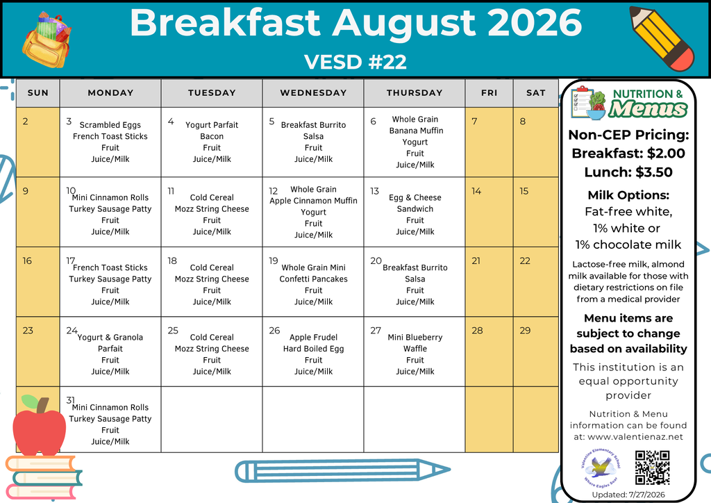 August 2026 Breakfast Menu