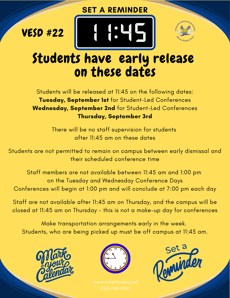 Early Release Dates: Tuesday, September 1st, Wednesday, September 2nd, and Thursday, September 3rd