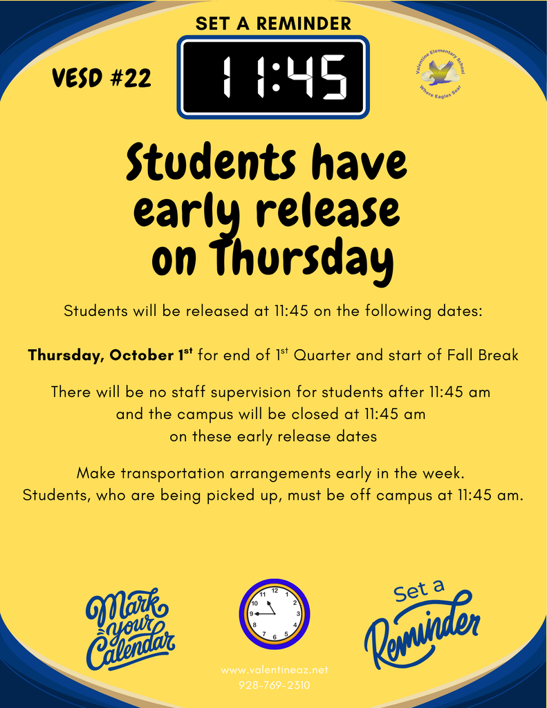 Early Release at 11:45 am on Thursday, October 1st