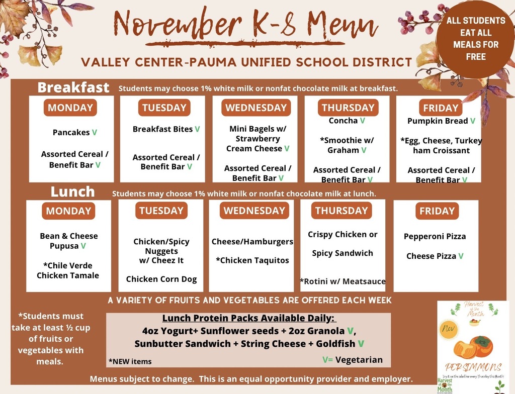 November Menu Grade TK-8