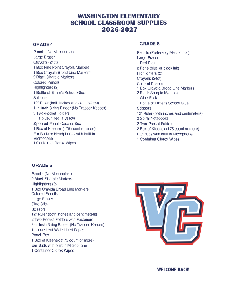 Washington Supply List 2026 - 2027