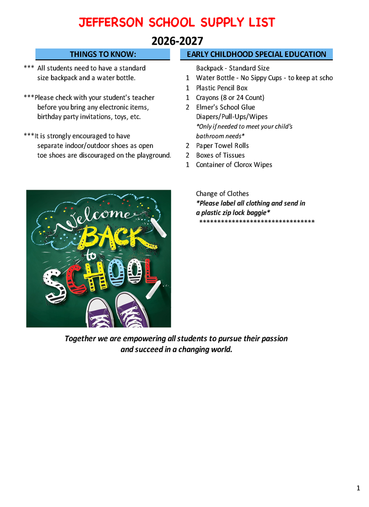 Jefferson Supply List 2026 - 2027