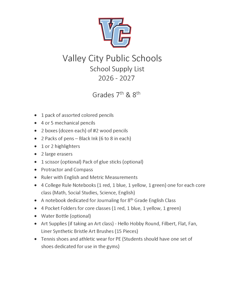 7th & 8th Grade Supply List 2026 - 2027