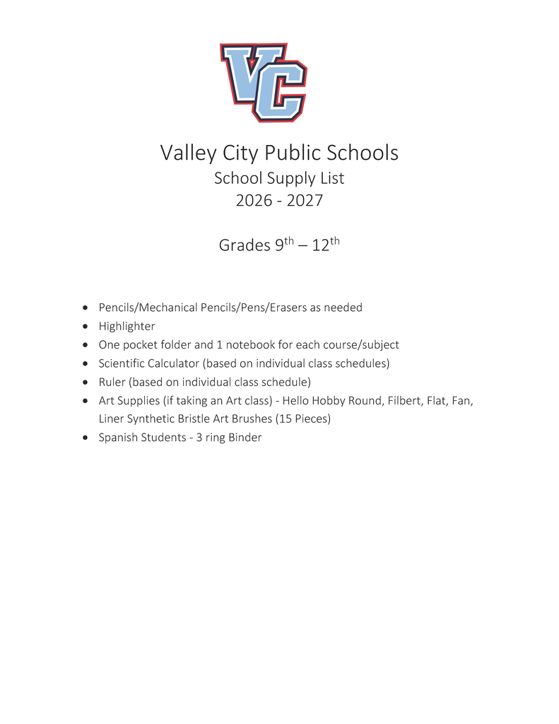 9th - 12th Grade Supply List 2026 - 2027