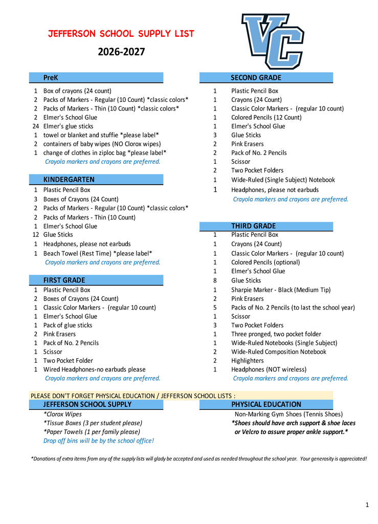Jefferson Supply List 2026 - 2027
