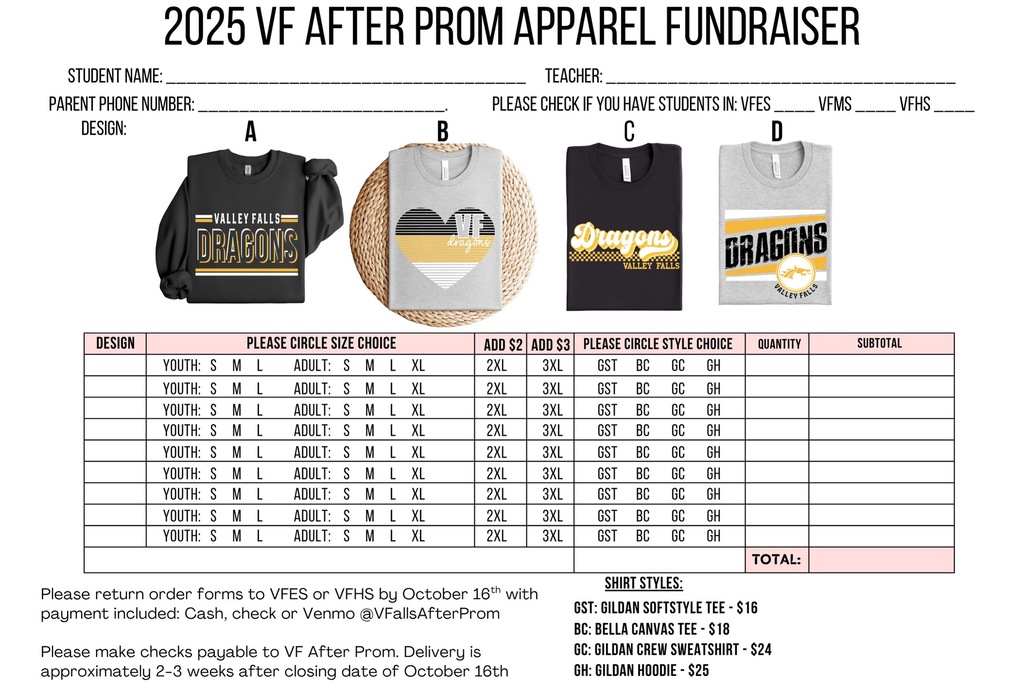 After Prom Apparel Fundraiser Form-Due Oct. 15th