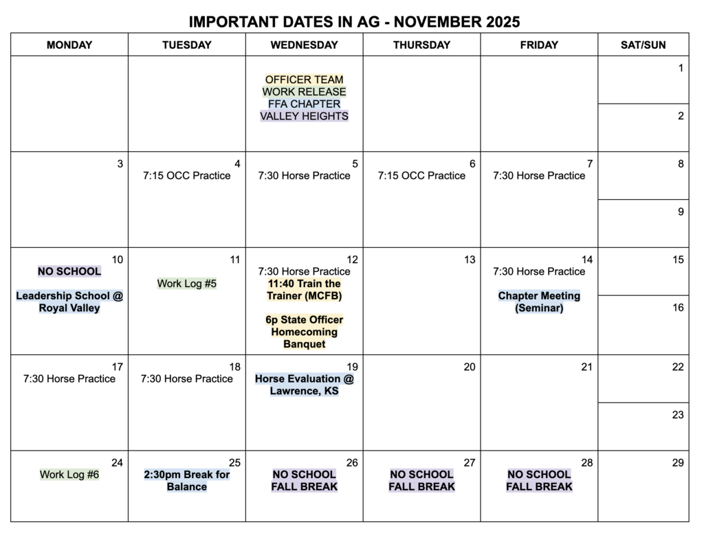 IMPORTANT DATES IN AG - NOVEMBER
