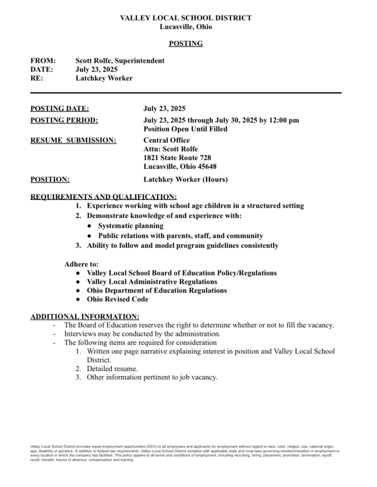 Job Posting - Latchkey Worker
