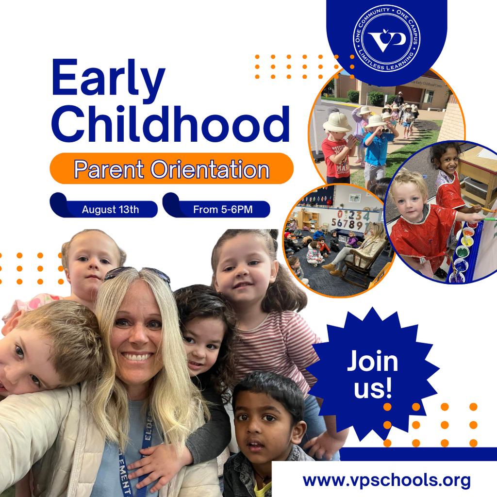 📢 Calling all Early Childhood families! We can’t wait to welcome you to our Parent Orientation on Wednesday, August 13 from 5–6 PM.  Come meet our team, explore the classrooms, and get ready for an amazing school year! 💙🧡 #VPPride #LimitlessLearning