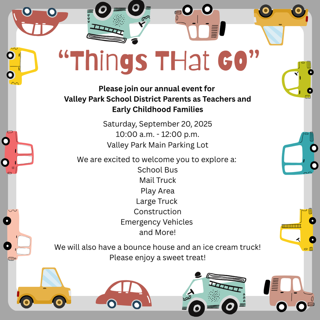 🚒🚌🚓 Things That Go is back! 🚜✉️ Join VPSD Parents as Teachers & Early Childhood families:  📅 Sat, Sept 20 | 🕙 10a–12p 📍 Valley Park Dr (near Hwy 141)  Explore 🚌 school bus, ✉️ mail truck, 🚧 construction & 🚓 emergency vehicles + bounce house & 🍦 ice cream! 💙🧡 #VPPride #OneCommunity