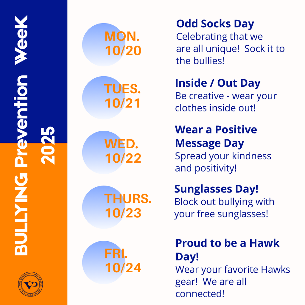 🧡💙 Join us for Bullying Prevention Week! Let’s stand together, lift each other up and show our school spirit all week long with these fun theme days: 🧦 Monday: Odd Socks Day 🎉 Tuesday: Inside/Out Day 💪 Wednesday: Wear a Positive Message Day 😎 Thursday: Sunglasses Day 🧢 Friday: Proud to be a Hawk Day Together, we can create a kinder, safer, more inclusive school community. 💙🧡 #VPPride #OneCommunity