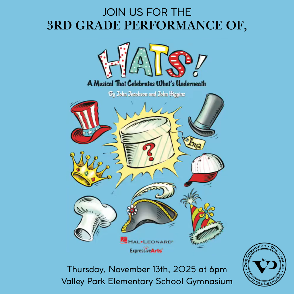 🎶💙🧡 Mark your calendars for a night of music and smiles! Join us Thursday, November 13, 2025, in the Valley Park Elementary Gymnasium for two incredible concerts — our third graders will kick things off at 6:00 PM with “Hats!” 🎩🎵 followed by our fourth and fifth graders at 6:45 PM with “The High Seas!” 🌊⚓ It’s sure to be a fun, joy-filled evening of song, spirit, and #VPPride! #OneCommunity