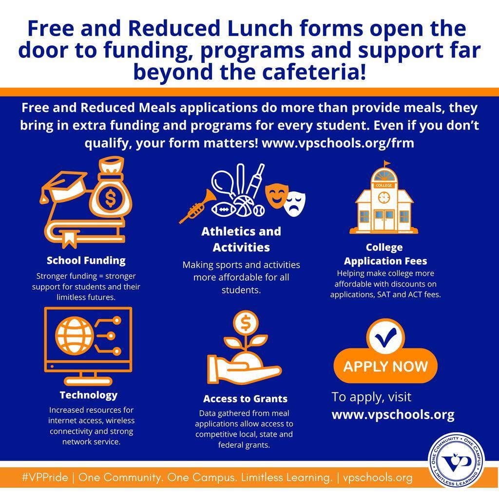🥪 This is a friendly reminder that it’s not too late to apply for Free and Reduced Meals! Families can apply anytime throughout the school year, and doing so helps support important school programs, too.  Apply online today at [insert link] or contact the district office for assistance. 💙🧡 #OneCommunity #VPPride