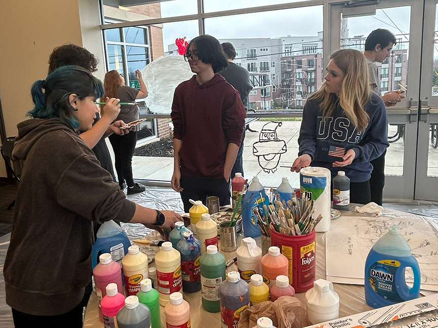 ❄️🎨 Our Art II & Printmaking students took their creativity on the road, painting a Winter Wonderland on the windows at Twin Oaks City Hall! A fun way to share their talent and spread some seasonal magic. 💙🧡 #VPPride #OneCommunity