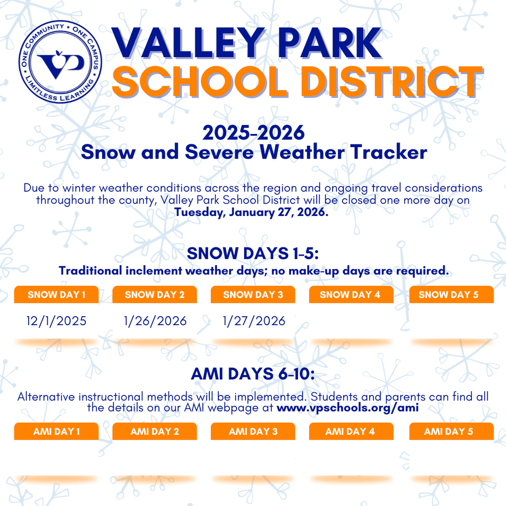 Due to winter weather conditions across the region and ongoing travel considerations throughout the county, Valley Park School District will be closed one more day on Tuesday, January 27, 2026.