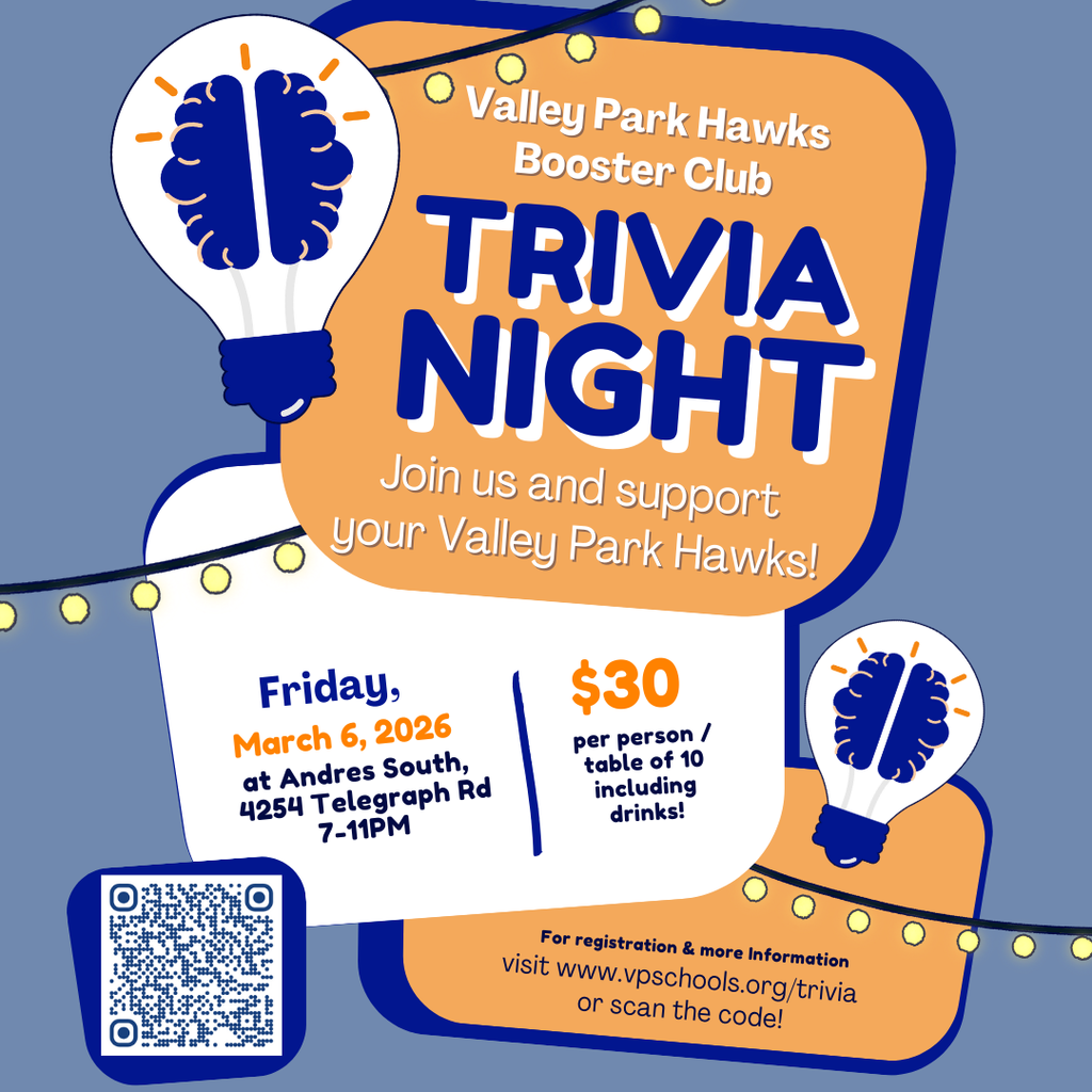 The Booster Club is hosting a Trivia Night on March 6, 2026 at Andres South on Telegraph Road. Please support our student groups and join us for this fun event! Visit www.vpschools.org/trivia for more information and to sign up! #VPPride