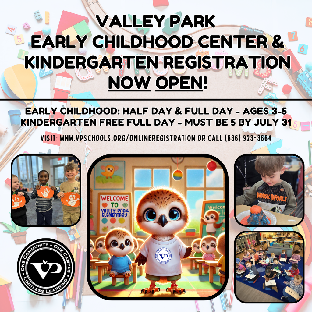 2026-2027 Registrations for Valley Park Early Childhood Center and Kindergarten are now open! Visit www.vpschools.org/onlineregistration to register your child for our full-day, tuition-free kindergarten program and www.vpschools.org/eccreg to register your child for our Early Childhood Program. If you have questions, please contact the district registrar at mcoates@vpschools.org or (636) 923-3664. #VPPride #KindergartenClassOf2039