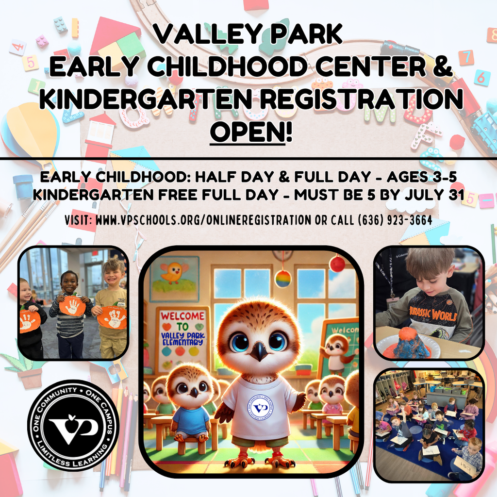2026-2027 Registrations for Valley Park Early Childhood Center and Kindergarten are now open! Visit www.vpschools.org/onlineregistration to register your child for our full-day, tuition-free kindergarten program and www.vpschools.org/eccreg to register your child for our Early Childhood Program. If you have questions, please contact the district registrar at mcoates@vpschools.org or (636) 923-3664. #VPPride #KindergartenClassOf2039