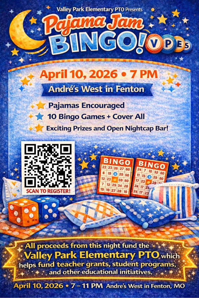VPES Pajama Jam Bingo Night Early Bird pricing disappears after March 1!  http://vpschools.org/ptobingo   Adults-only night out on April 10, 7–11 PM at Andre’s West featuring an open bar, high-energy bingo, a silent auction with incredible baskets, and a fun evening with our VPES community.    Every ticket supports the Valley Park Elementary PTO, funding teacher grants, classroom enrichment, student programs, and the experiences that make our school so special.  Don’t wait and pay more later. Grab your tickets now and lock in Early Bird pricing before it’s gone!  🎟️ Register here: http://vpschools.org/ptobingo  Let’s sell this out for our kids. 💙🧡