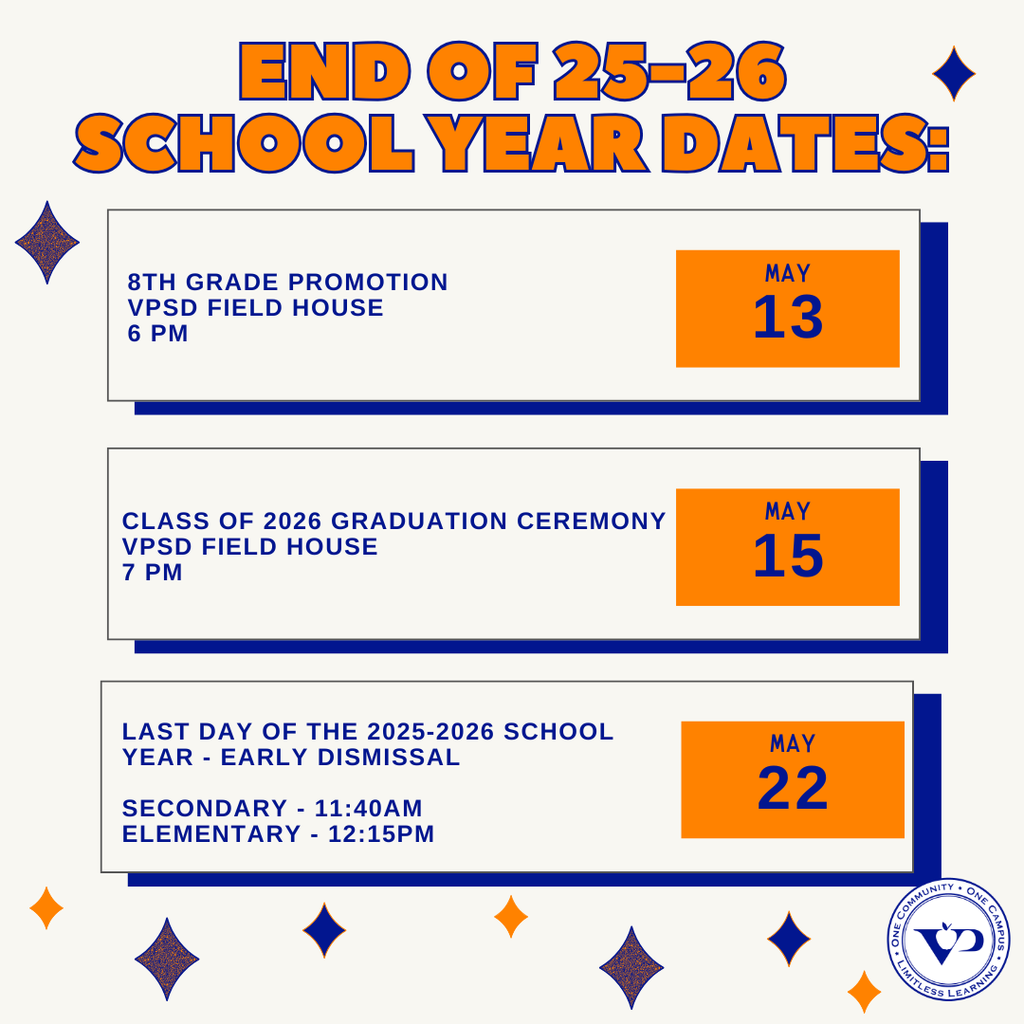 The finish line is in sight and we’ve got so much to celebrate! 🎉📅  As we head into the final weeks of the school year, get ready for concerts, celebrations, field days, recognitions and all the moments that make this time of year so special. It’s a season full of energy, memories and a lot of proud smiles.  Be sure to keep an eye on upcoming dates so you don’t miss a thing. We can’t wait to celebrate the end of another amazing year together! 💙🧡  #VPPride #OneCommunity #LimitlessLearning